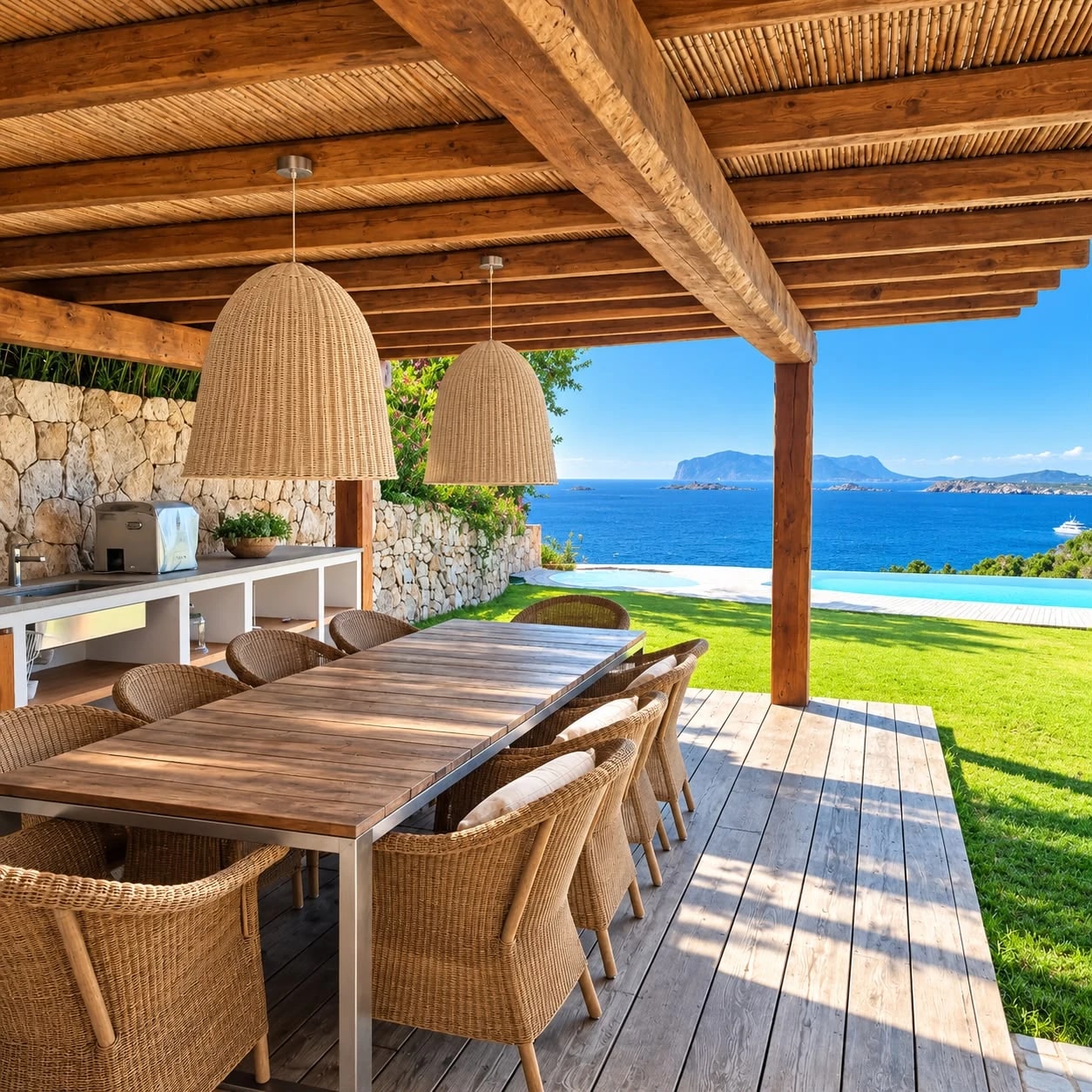 Terrazza da pranzo di una villa in Sardegna, sotto una pergola in legno con lampade in vimini, affacciata sulla piscina e sul mare